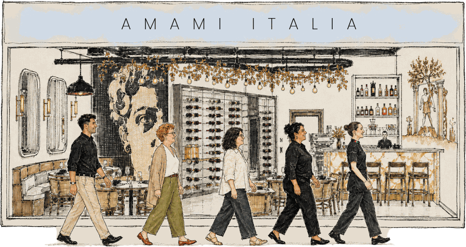Illustration of the Amami Italia dining room — the wine wall, the bar, and the team walking the floor